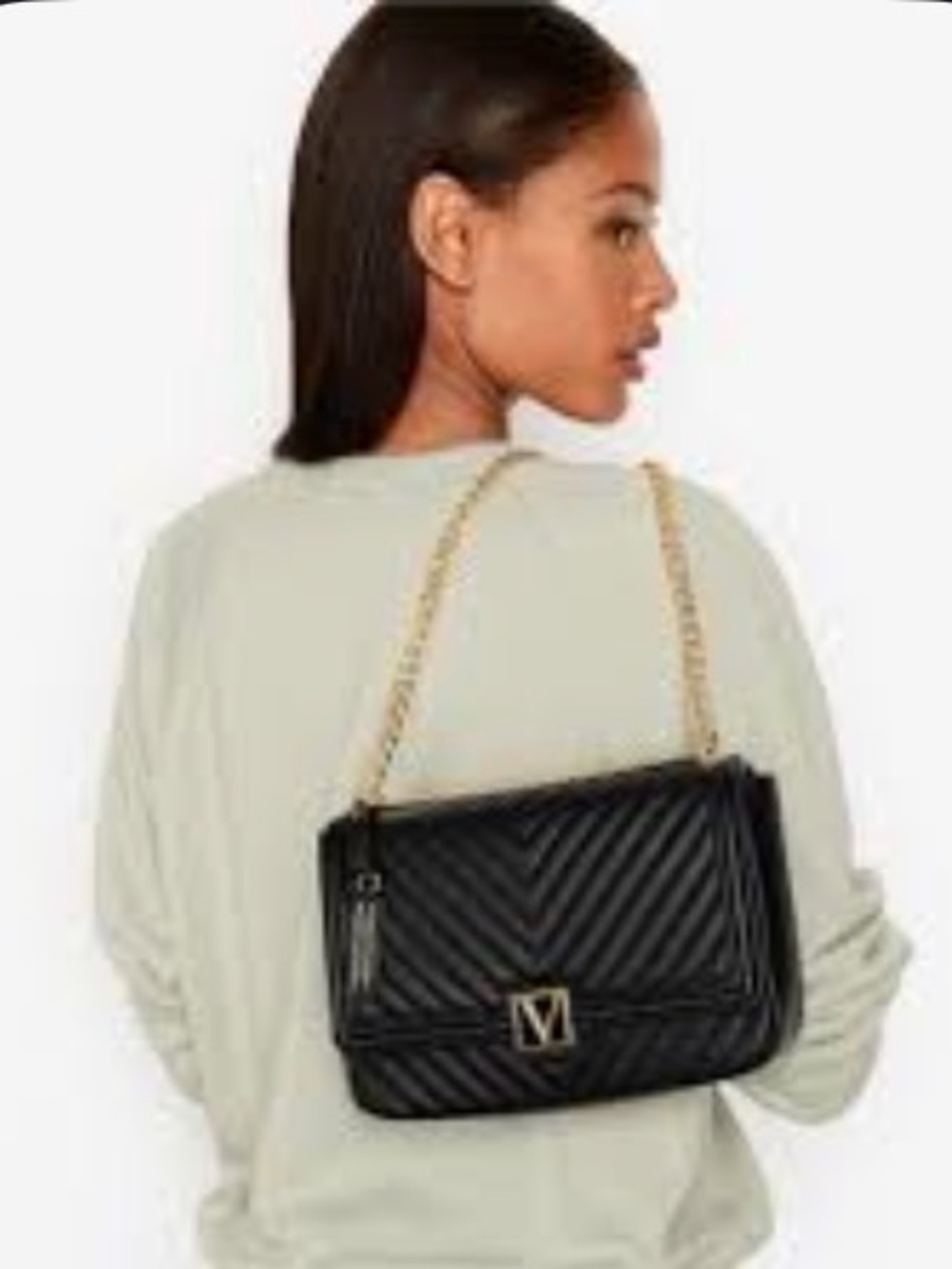 Victoria’s Secret Black Quilted Faux Leather Shoulder Bag with Gold Chain